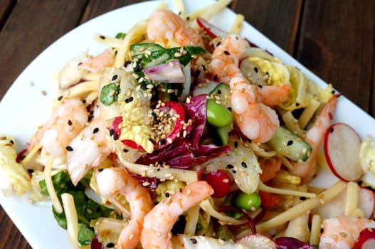 a plate of delicious summer prawn and noodles salad
