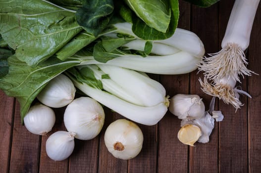fresh vegetables pok choym leeks, onion, broccoli and garllic