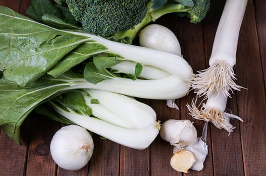 fresh vegetables pok choym leeks, onion, broccoli and garllic