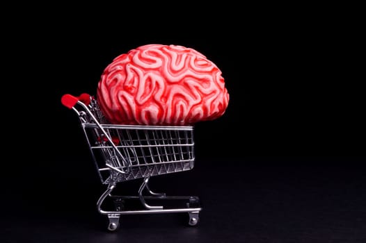 Think before you Bye. Brain and shoppingcart isolated on Black