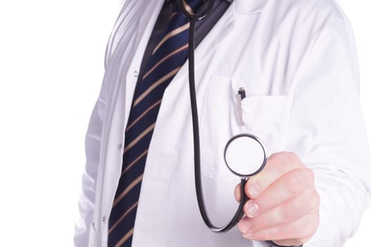 doctor with stethoscope in hand. Copy space and isolated
