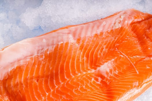 Raw wild Salmon Fillet lying on ice.