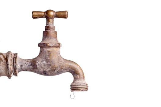 Old and used Vintage faucet with water drop, isolated on white with copy space