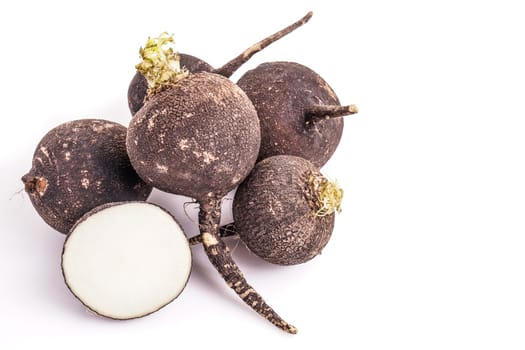 pile of black radish, one cut and with white background