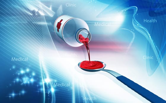 Digital illustration of medicine with spoon in colour background