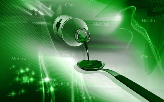 Digital illustration of medicine with spoon in colour background