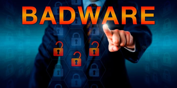 White collar malware author is pressing BADWARE on a touch screen. Three unlocked lock icons embedded in hexagonal shapes do represent compromised data, documents or files. Security software concept.