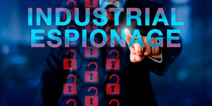 Competitor is pushing INDUSTRIAL ESPIONAGE on a touch screen interface. A stream of virtual, unlocked padlock icons are lighting up red to signify a security breach. Technology and industry concept.