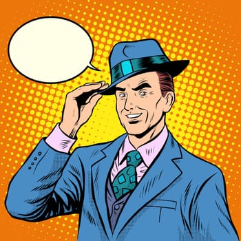 Polite people gentleman welcomes pop art retro style. Etiquette and pleasant meeting.The elegant man in retro suit