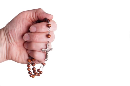 Hands of a woman Praying with Rosary, isoalted on white