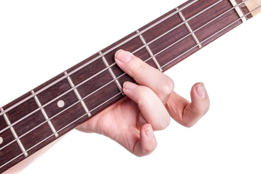Hands of an female teenager plays guitar, Isolated on white