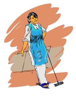 The cleaner is resting. Work and workers. A woman at work