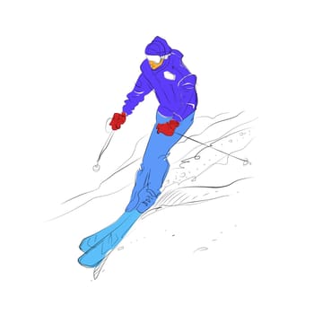 Skier goes down on mountain slope. The modern sport. Speed and rest