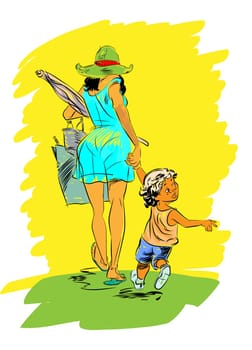 mother and child on the beach. Childhood and motherhood. Interest and curiosity