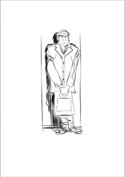 Man people character. A man stands near the wall, leaned against it.