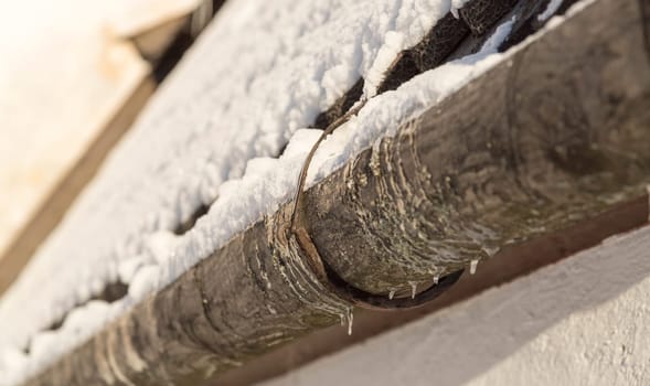 Old Gutter with Snow close up.