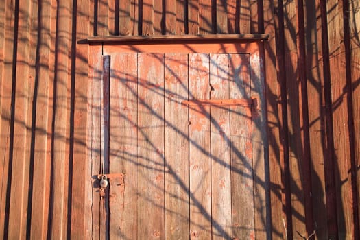 Red Door With Padlock and shadow of branches.