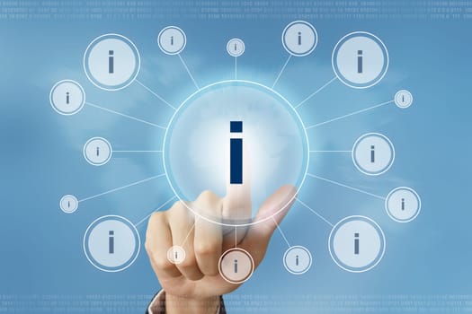 business hand pushing information button with global networking concept