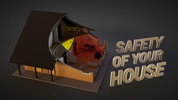 home security system. Illustration with image of house in cut with lasers, motion detectors, surveillance cameras, and safe deposit facilities