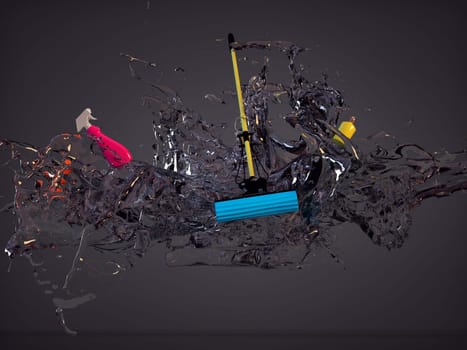 splash of water mixed with mop, spray, bottle of cleanser. illustration for the services of a cleaning company. drops of shampoo isolated on dark background.