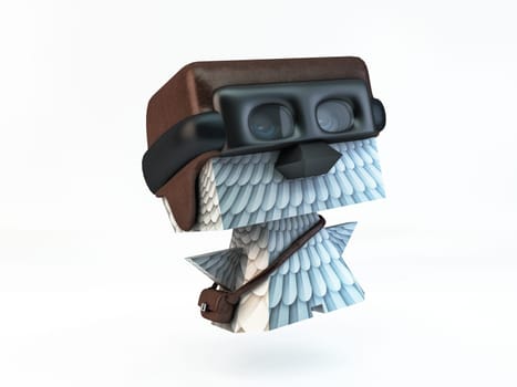 pigeon pilot in helmet, goggles and bag full of letters over his shoulder. illustration for service delivery of letters and parcels. Bird character for contact information section.