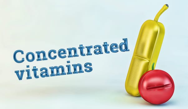banana tomato pills concentrated vitamins sith metallic shiny surface isolated on white
