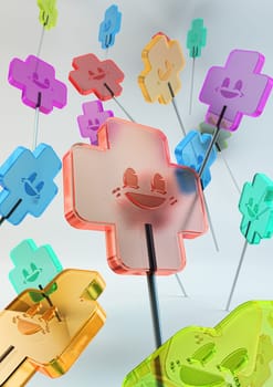 translucent multicolored sweet candies with emoticons on sticks. colorful candy on white background isolated