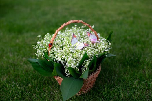 basket, lilies of the valley, grass, summer