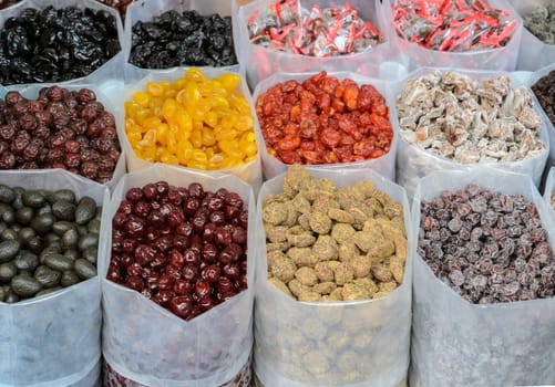 Various dried fruits for salel at market in Chinatown, Thailand