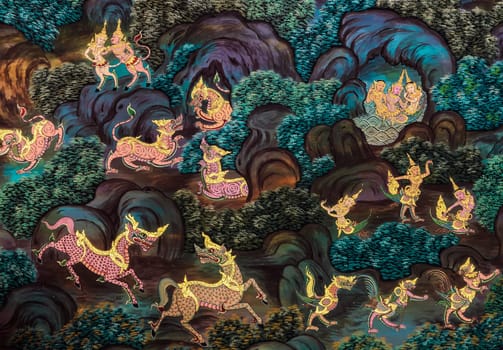 Ancient Buddhist temple mural painting in Nonthaburi, Thailand