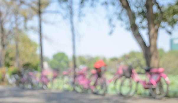 Blurred pink bicycle background in green park