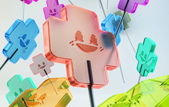 translucent multicolored sweet candies with emoticons on sticks. colorful candy on white background isolated
