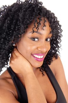 A closeup portrait of a beautiful African American woman with curly.black hair, smiling, isolated for white background..