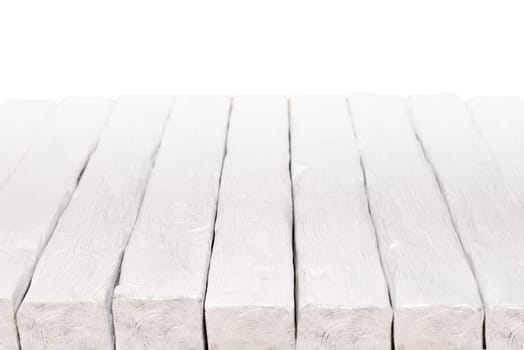 White wood perspective and blurred table on white background.