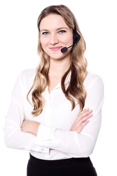 Confident attractive woman with headphone over white