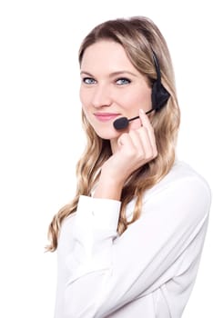 Pretty business woman communicating isolated over white