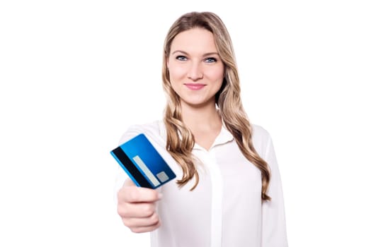 Pretty young lady displaying her cash card