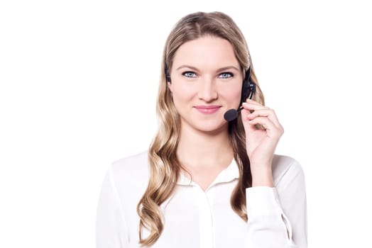 Beautiful help-desk female executive isolated over white