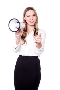 Business woman with mega phone and pointing index finger forward
