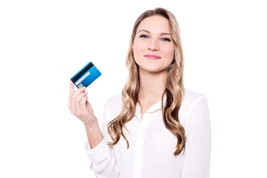 Beautiful lady showing cash card against white background