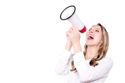 Woman screaming on a megaphone - isolated over white