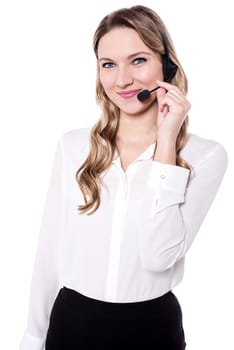 Female customer support operator with headset and posing