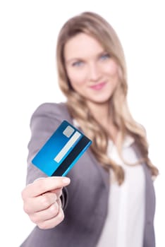 Young woman lending her cash card to you