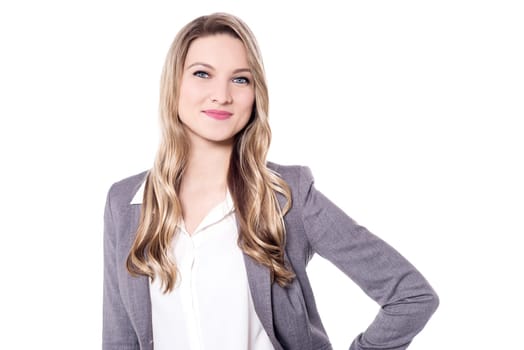 Beautiful woman posing with welcoming smile