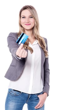 Happy woman giving her credit cash against white background