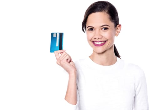 Beautiful lady ready to shop, holding credit card