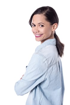 Picture of a pretty lady looking over her shoulder