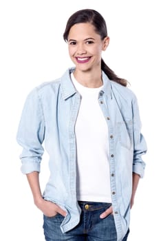 Smiling woman looking at camera, casual pose
