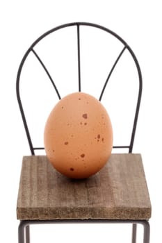brown egg with small toy chair isolated on white background