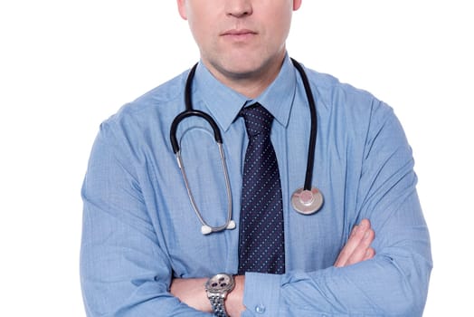 Cropped picture of male doctor over white